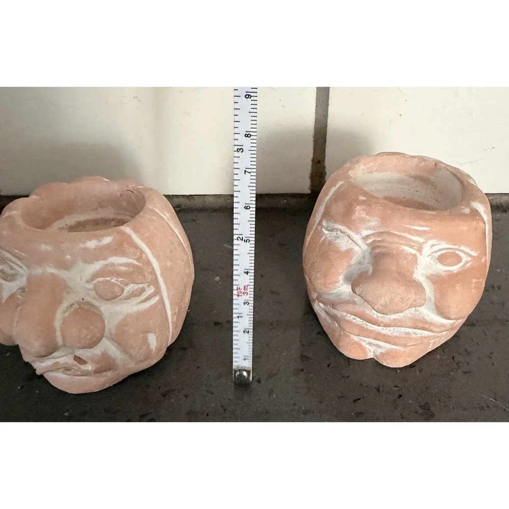 Vtg Terracotta Pumpkin Silly Whimsical Face Candle Holder Fall Halloween Lot 2